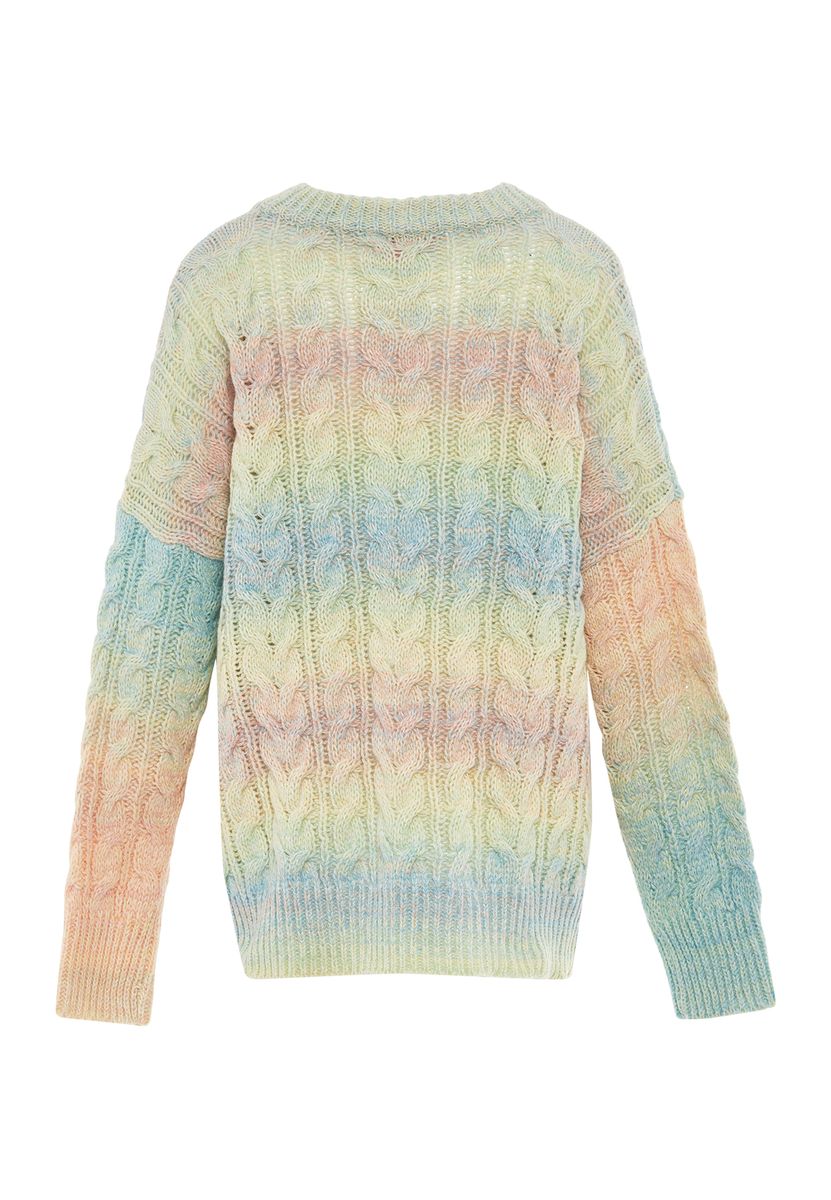 Grobstrick-Zopfmuster-Pullover mit Pastell-Farbverlauf