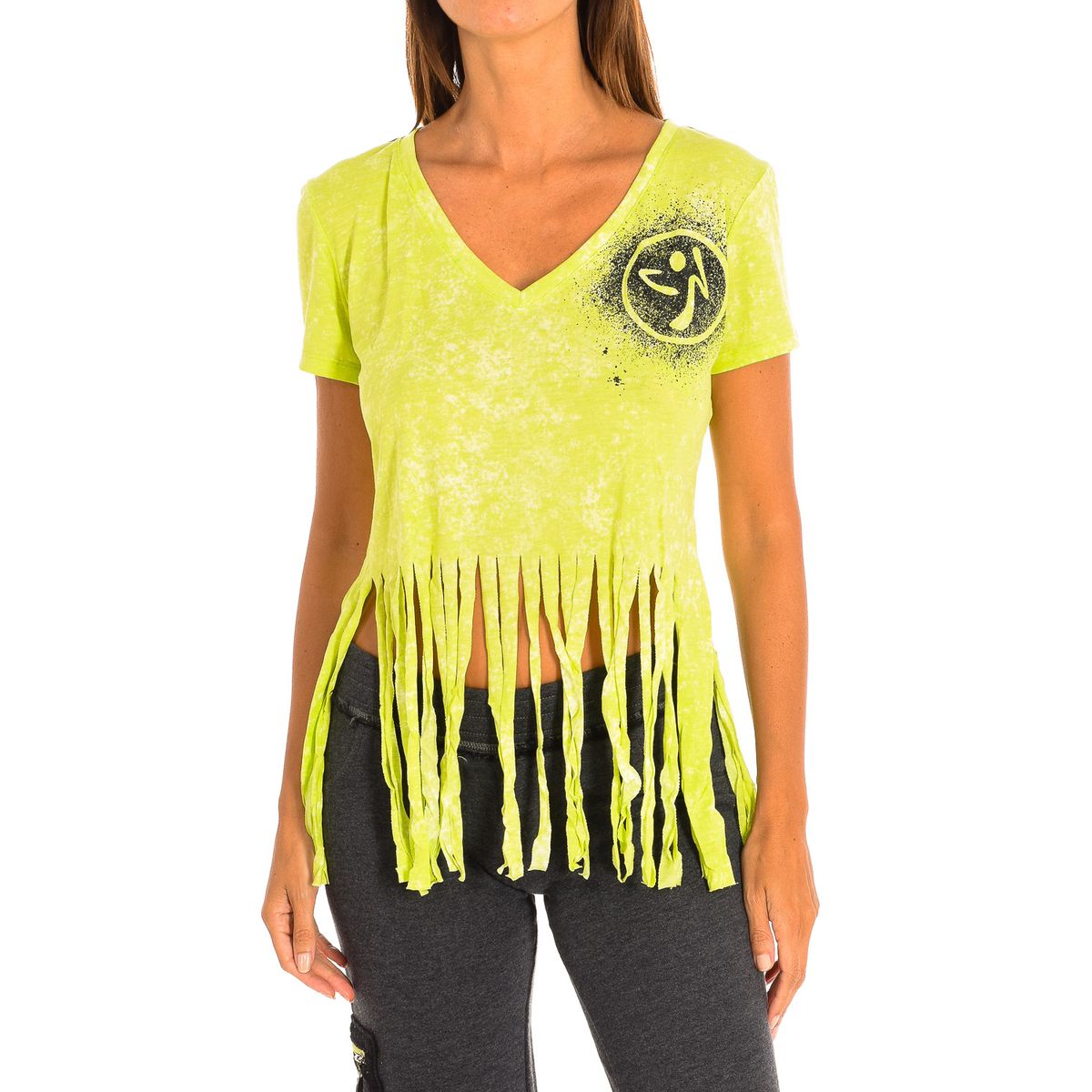 Sport-T-Shirt mit V-Ausschnitt und Fransen