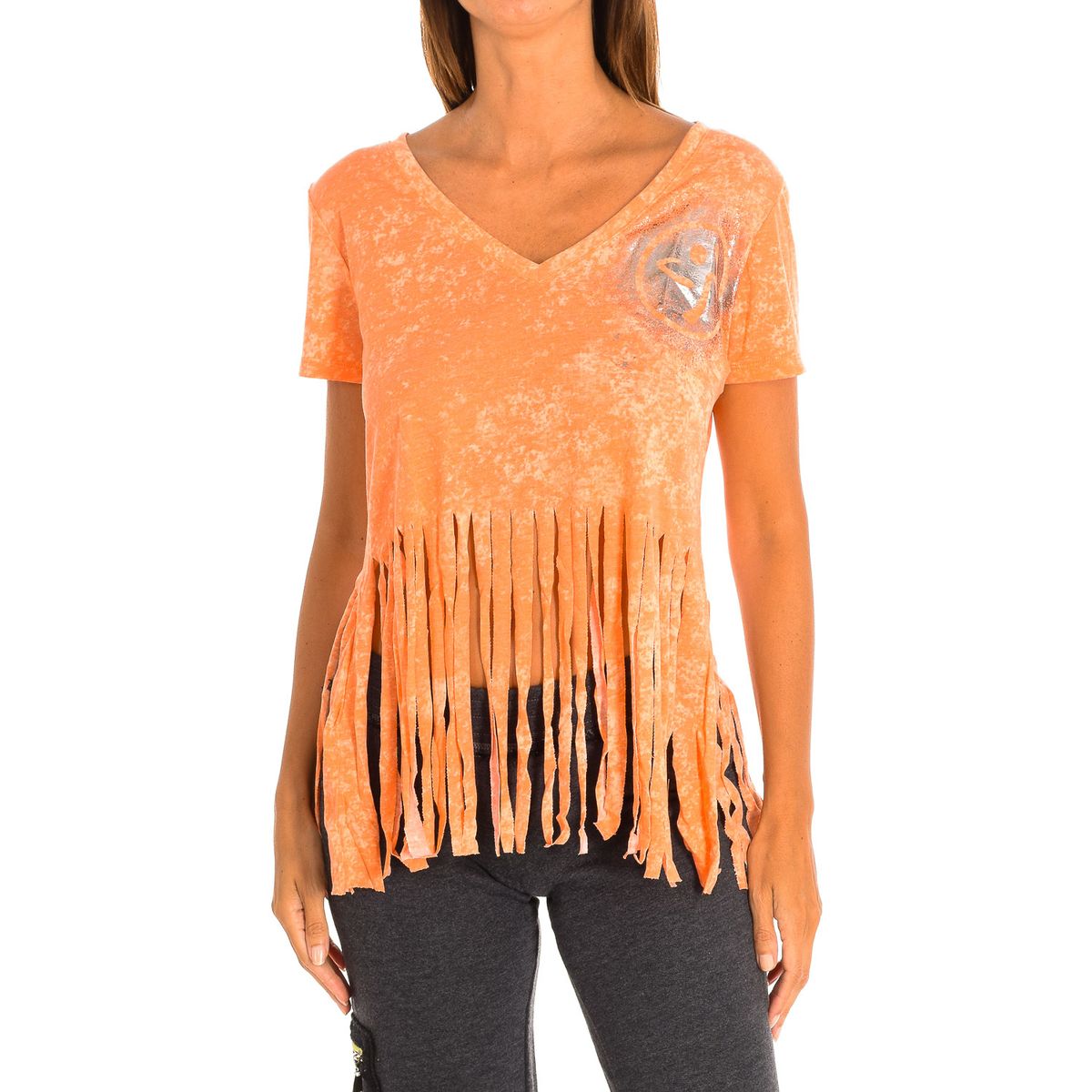 Sport-T-Shirt mit V-Ausschnitt und Fransen