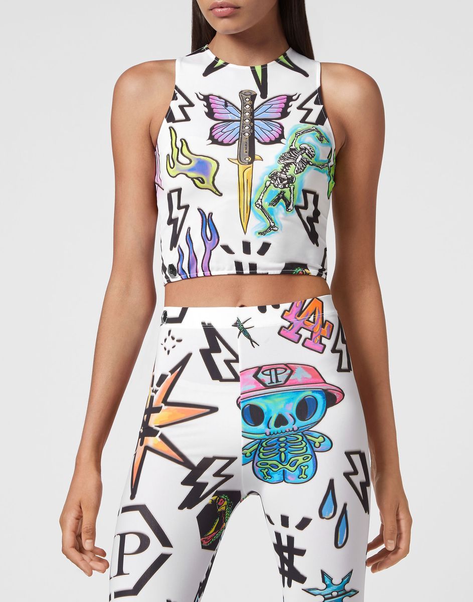 Bauchfreies Top mit Tattoo-Print