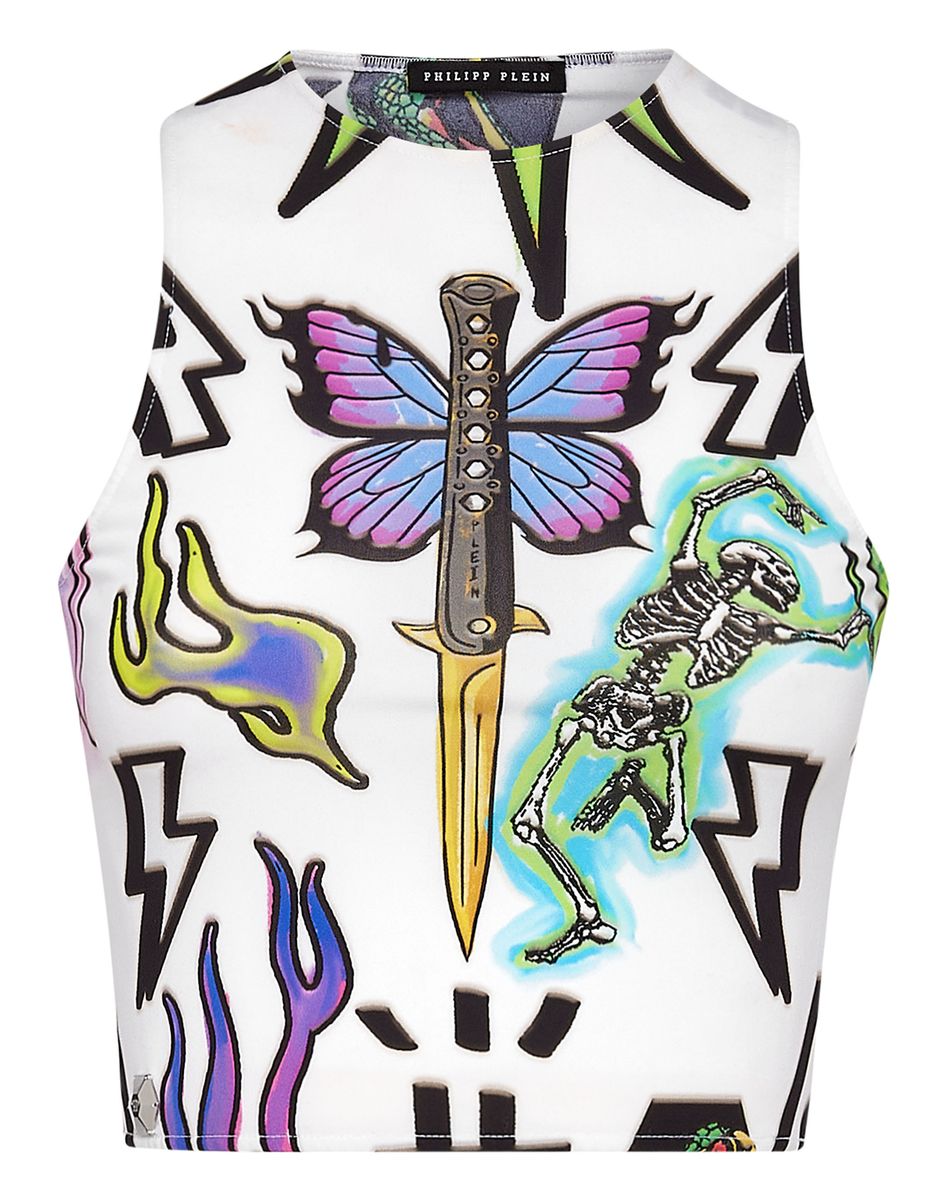 Bauchfreies Top mit Tattoo-Print