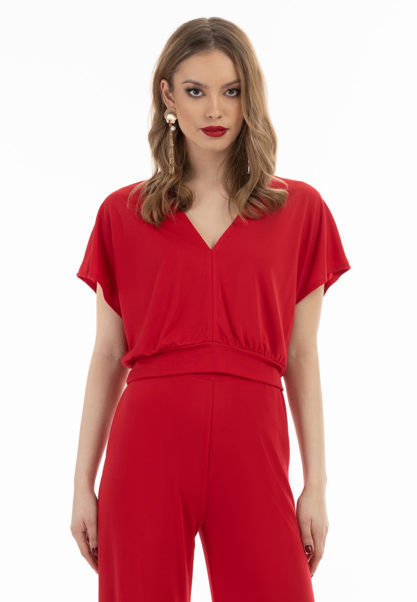 Kurzbluse mit V-Ausschnitt und Schmetterlingsärmeln