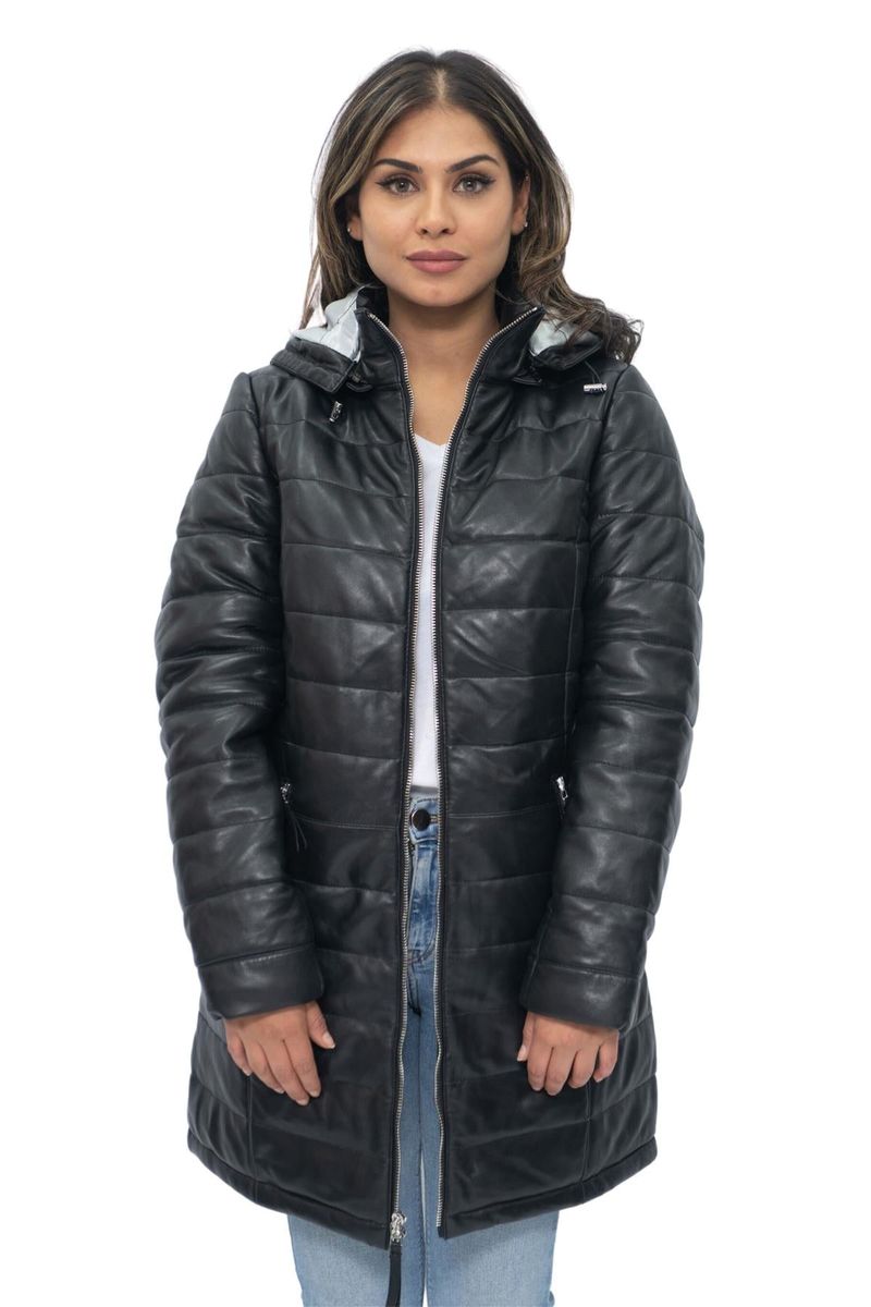 Leder-Steppparka mit Kapuze
