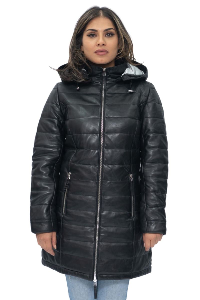 Leder-Steppparka mit Kapuze