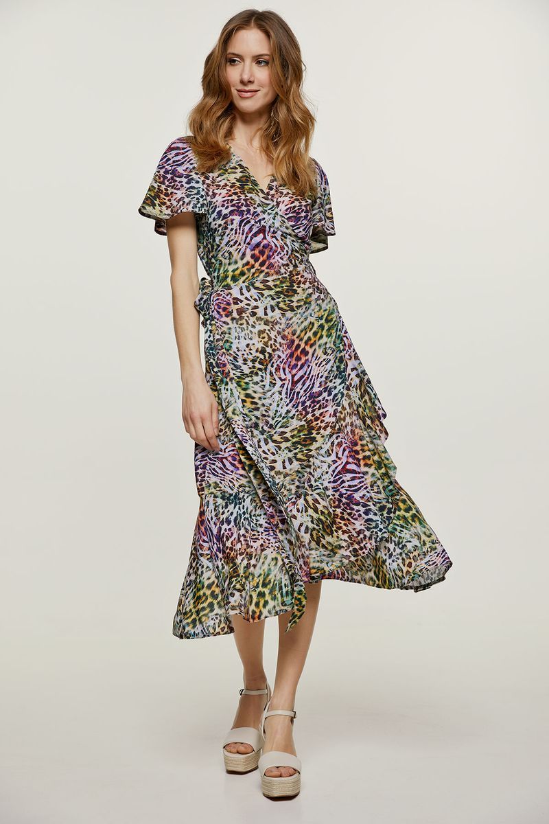 Buntes Wickelkleid mit Animal-Print