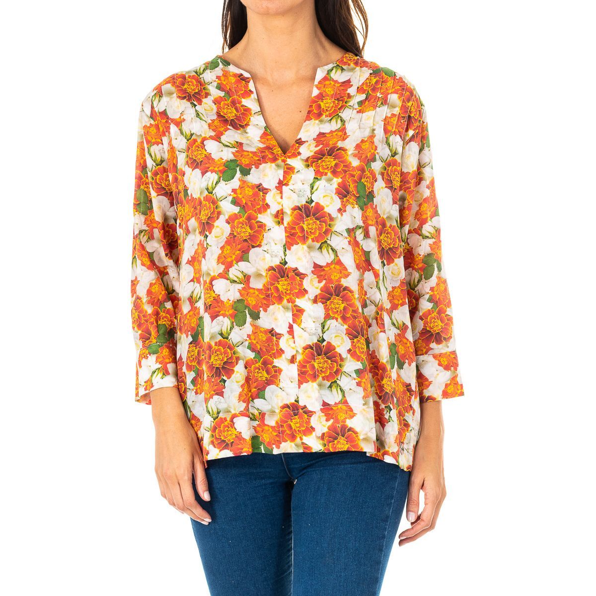 Fließende Bluse mit Blumenmuster und Kerbausschnitt