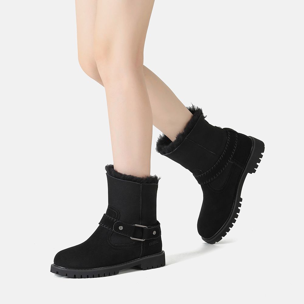 Wildleder-Stiefel mit Lammfell-Besatz und Schnalle