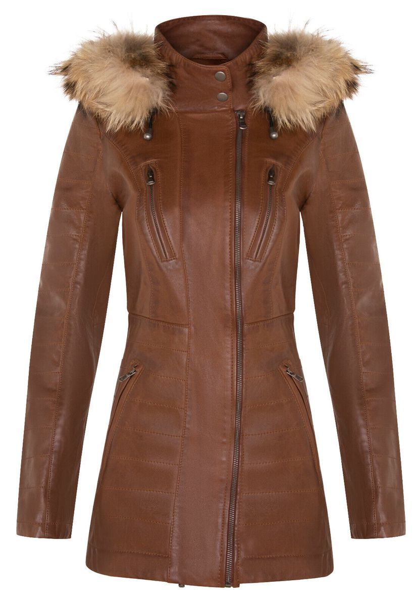 Schmal geschnittener Lederparka mit Kapuze