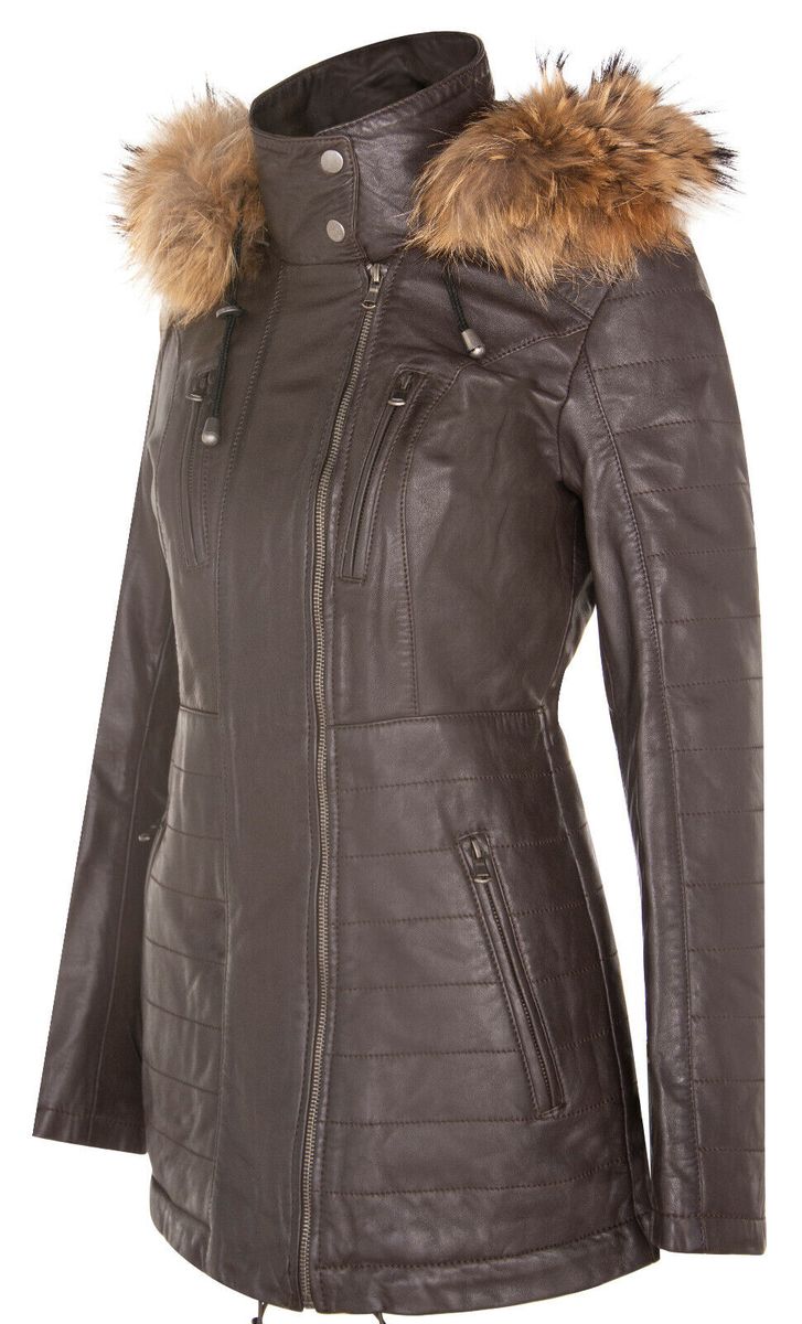 Schmal geschnittener Lederparka mit Kapuze