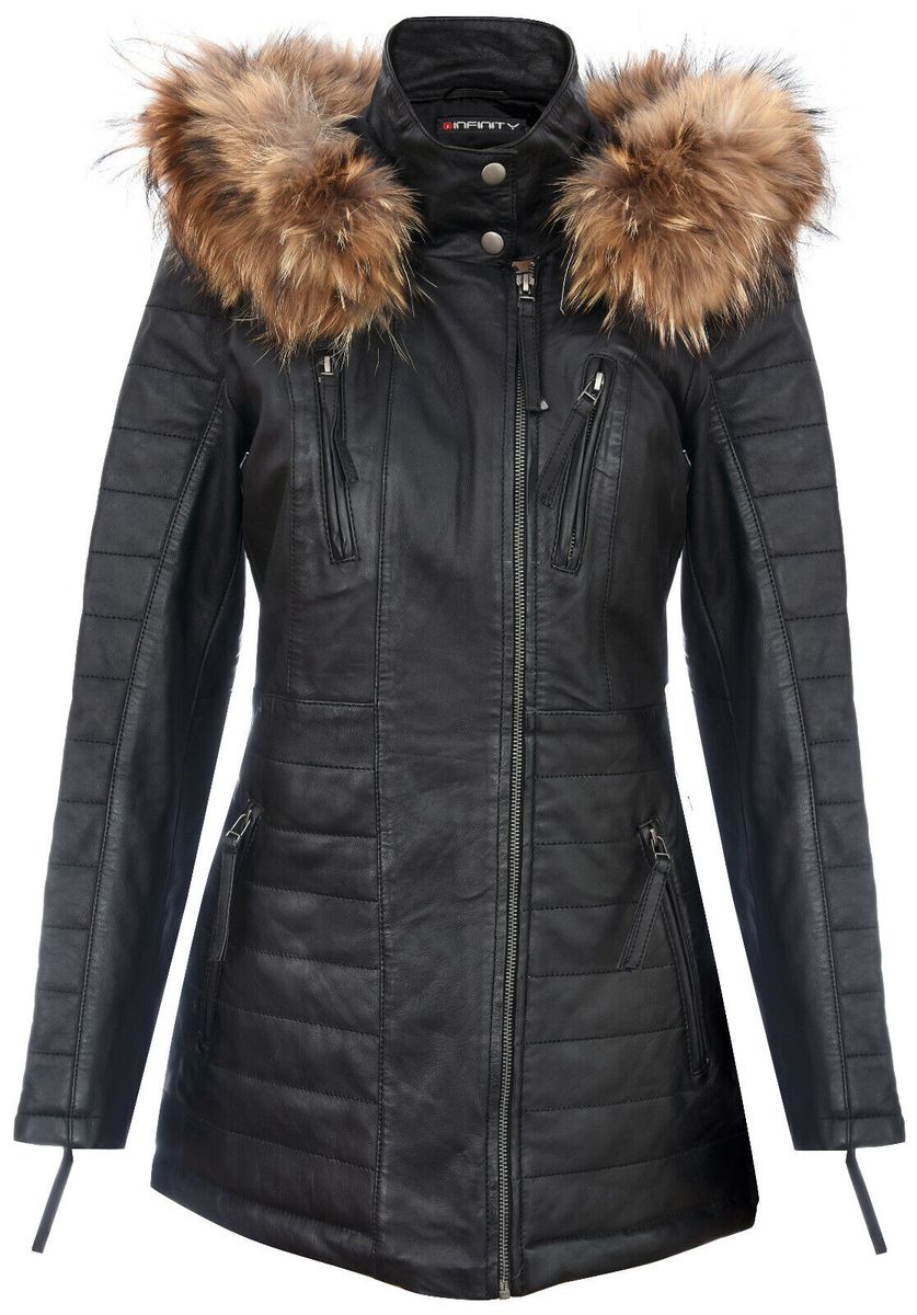 Schmal geschnittener Lederparka mit Kapuze