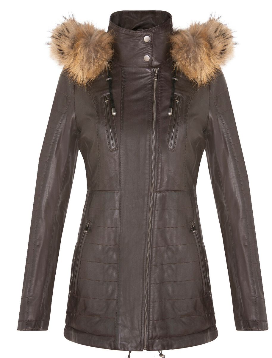 Schmal geschnittener Lederparka mit Kapuze