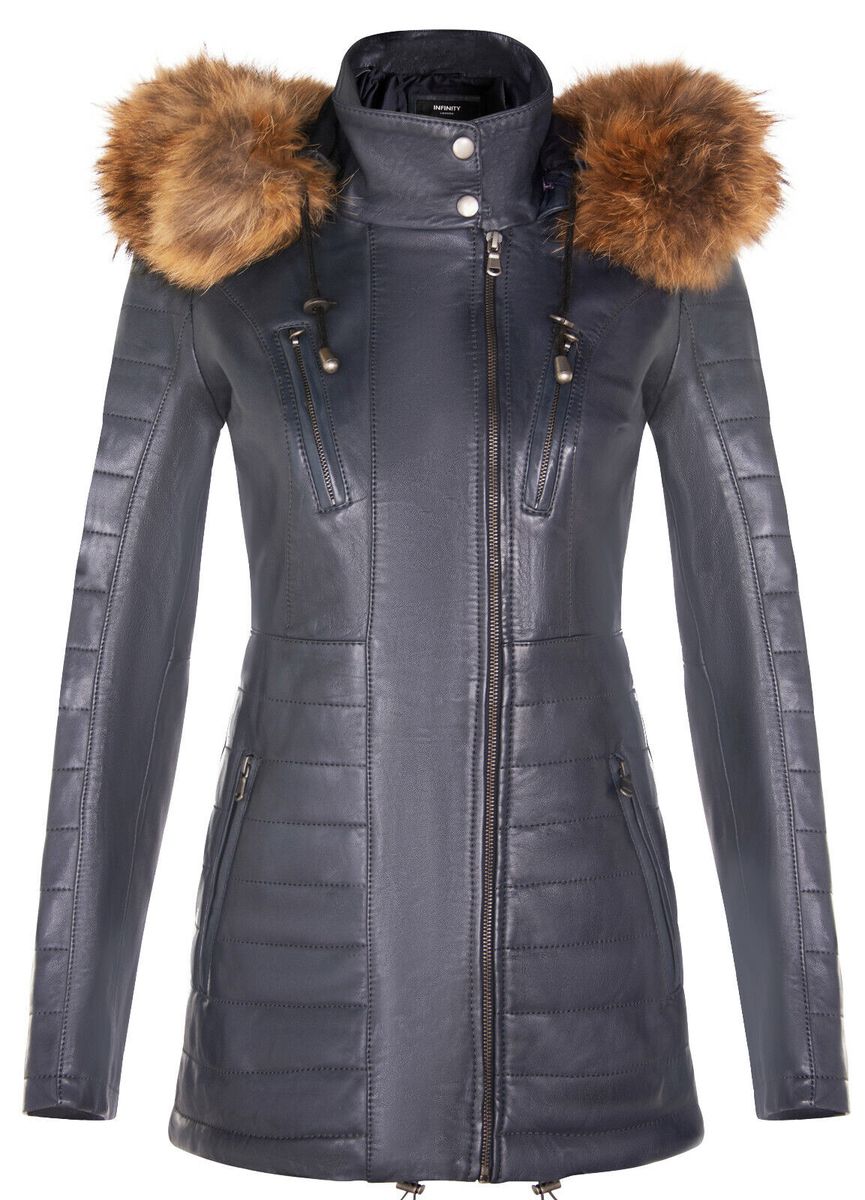 Schmal geschnittener Lederparka mit Kapuze