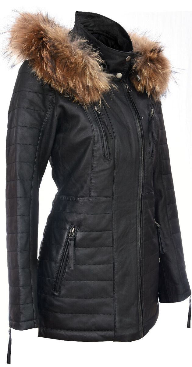 Schmal geschnittener Lederparka mit Kapuze