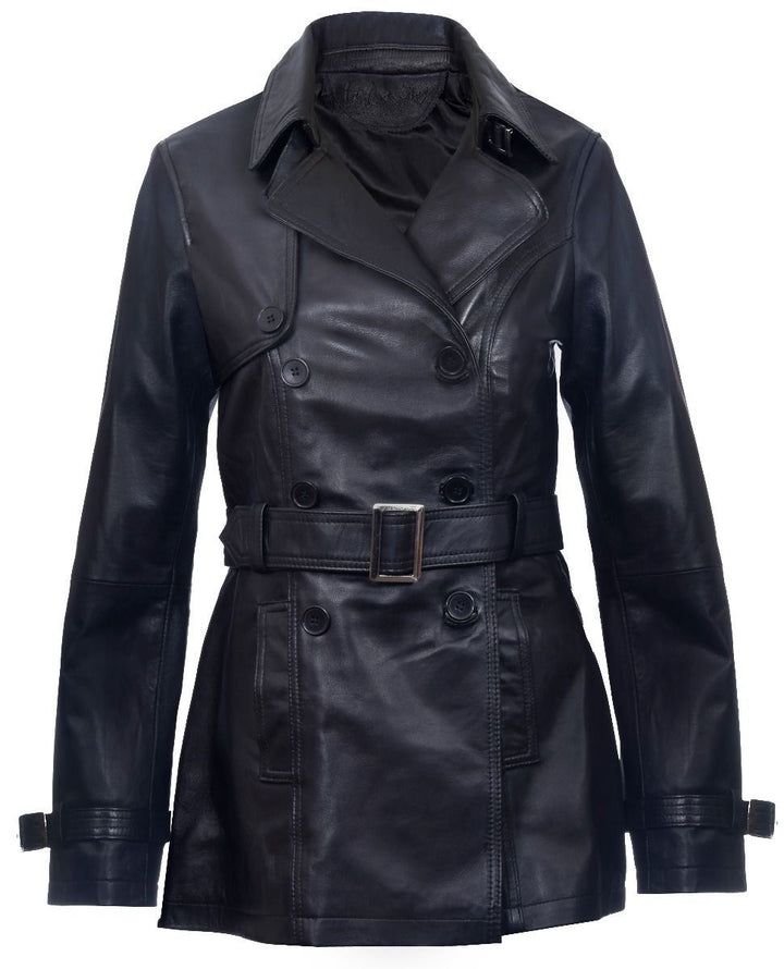 Klassischer zweireihiger Leder-Trenchcoat