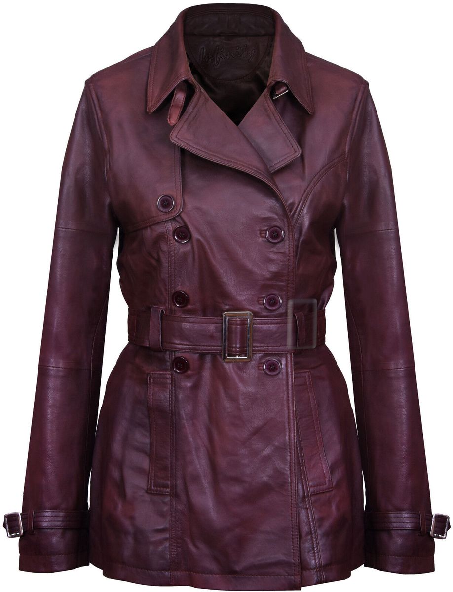 Klassischer zweireihiger Leder-Trenchcoat
