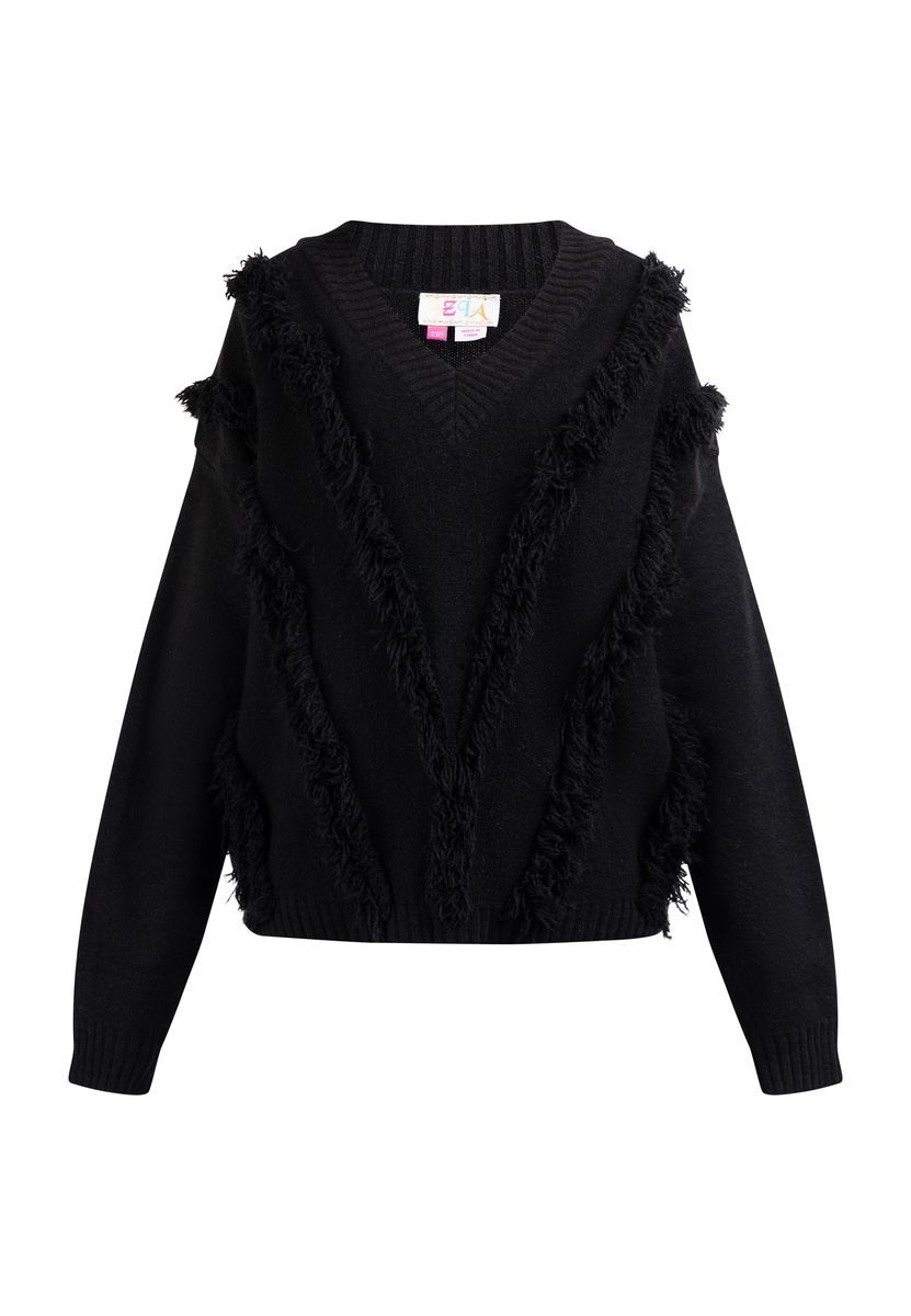 V-Ausschnitt Pullover mit asymmetrischen Fransen
