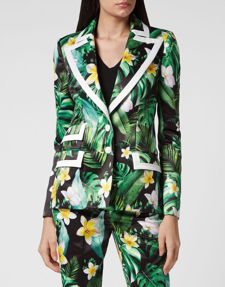 Satinblazer mit tropischem Blumendruck