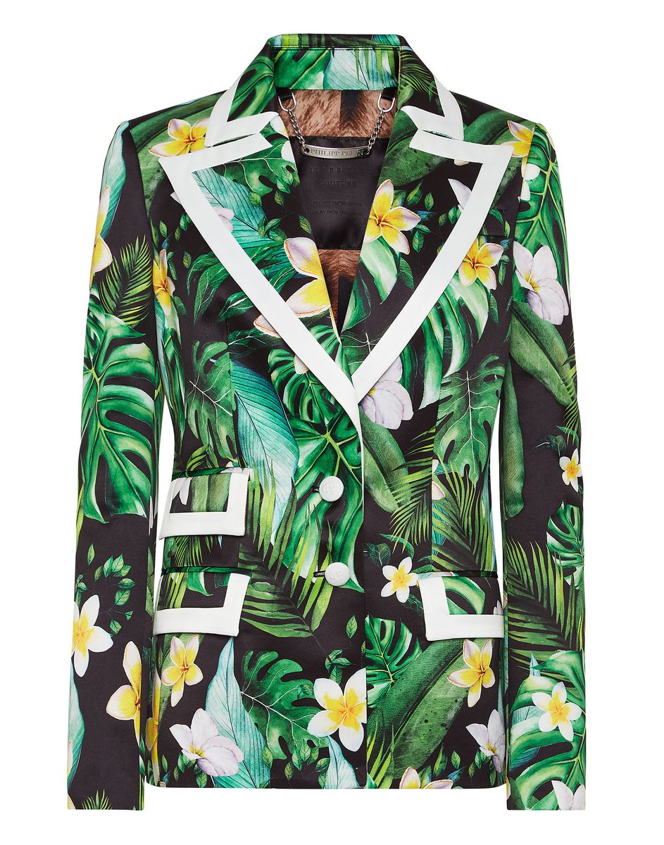 Satinblazer mit tropischem Blumendruck