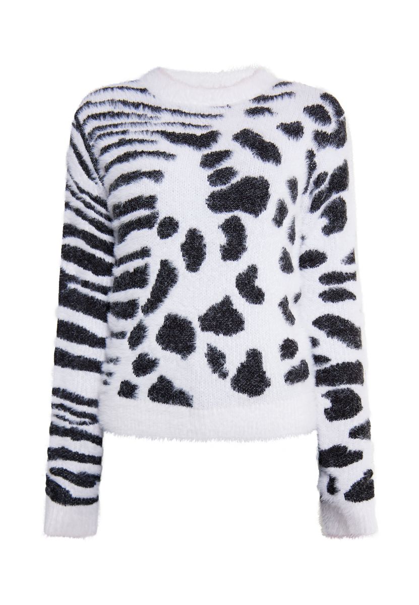 Gebürsteter Strickpullover mit Tiermuster
