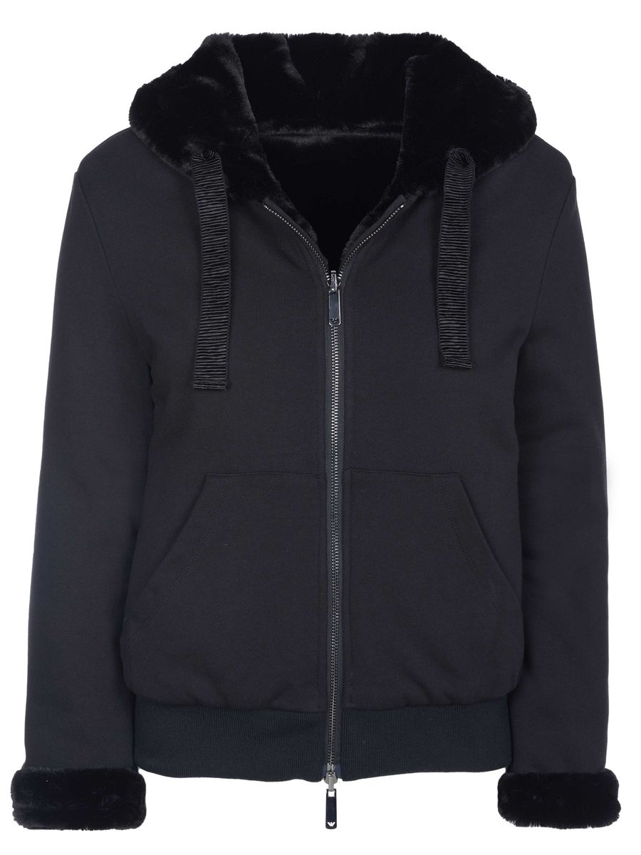 Wendbare Baumwoll-Kapuzenjacke mit Fellfutter