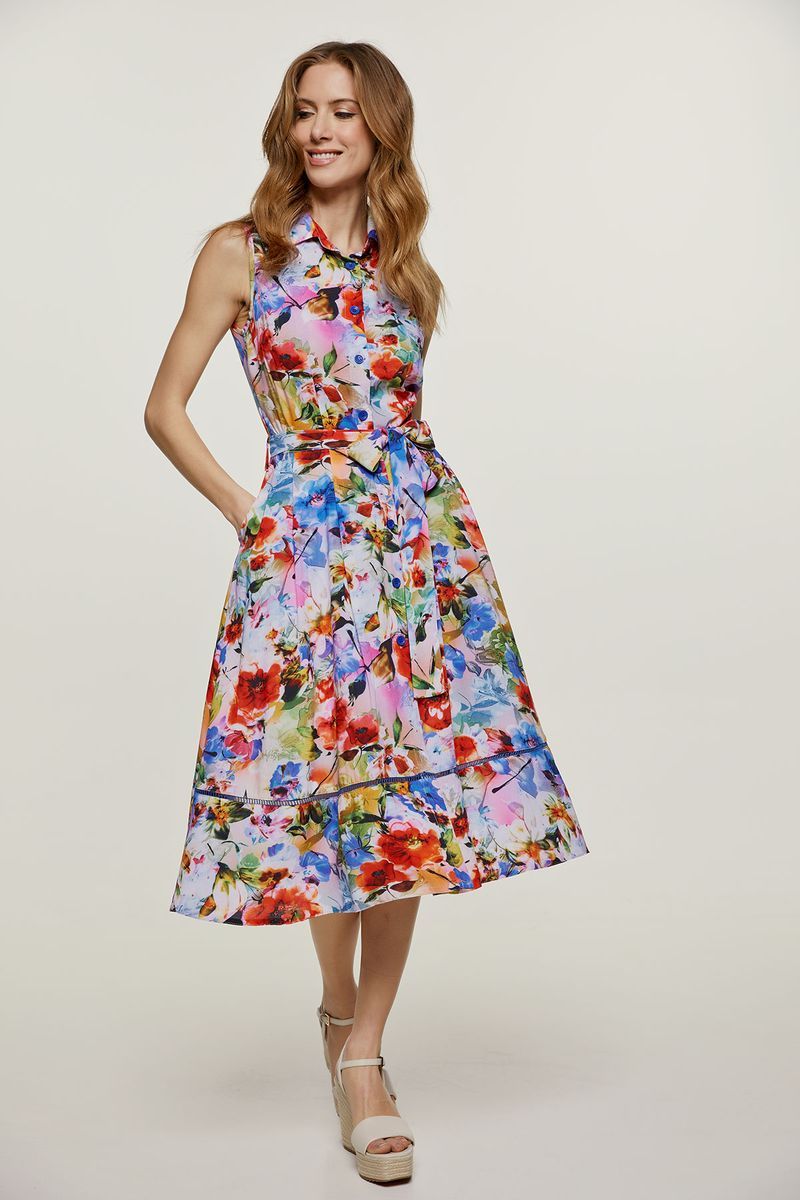 Farbenfrohes ärmelloses Hemdblusenkleid mit Blumenmuster