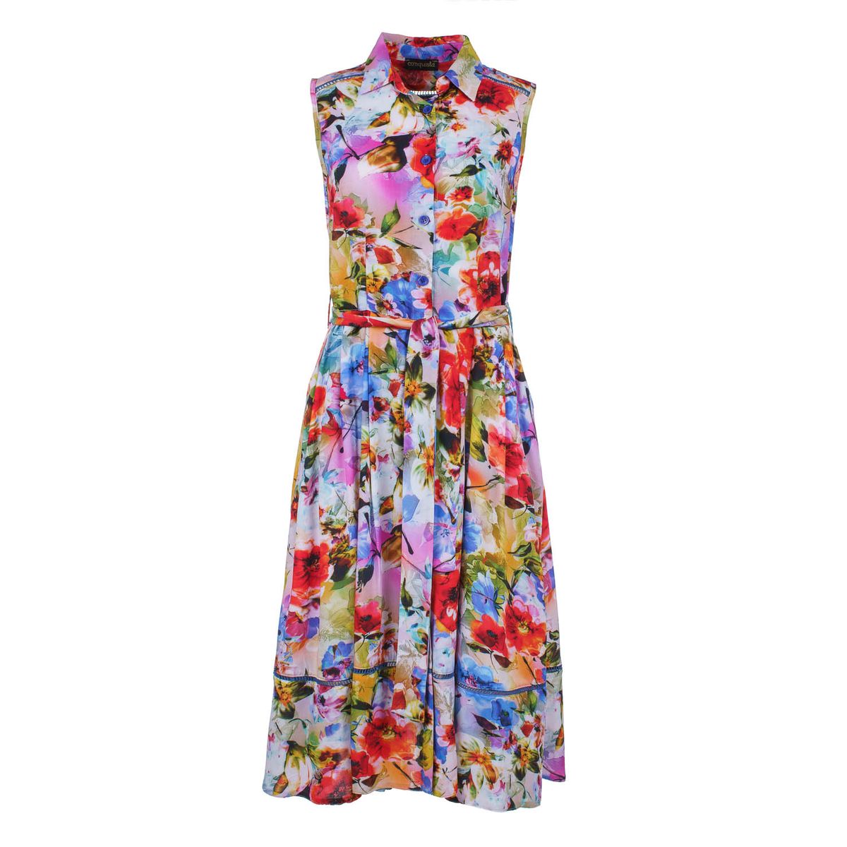 Farbenfrohes ärmelloses Hemdblusenkleid mit Blumenmuster