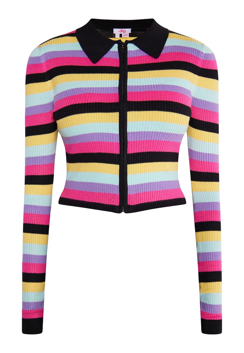 Kurze gestreifte Rippstrick-Strickjacke mit Reißverschluss