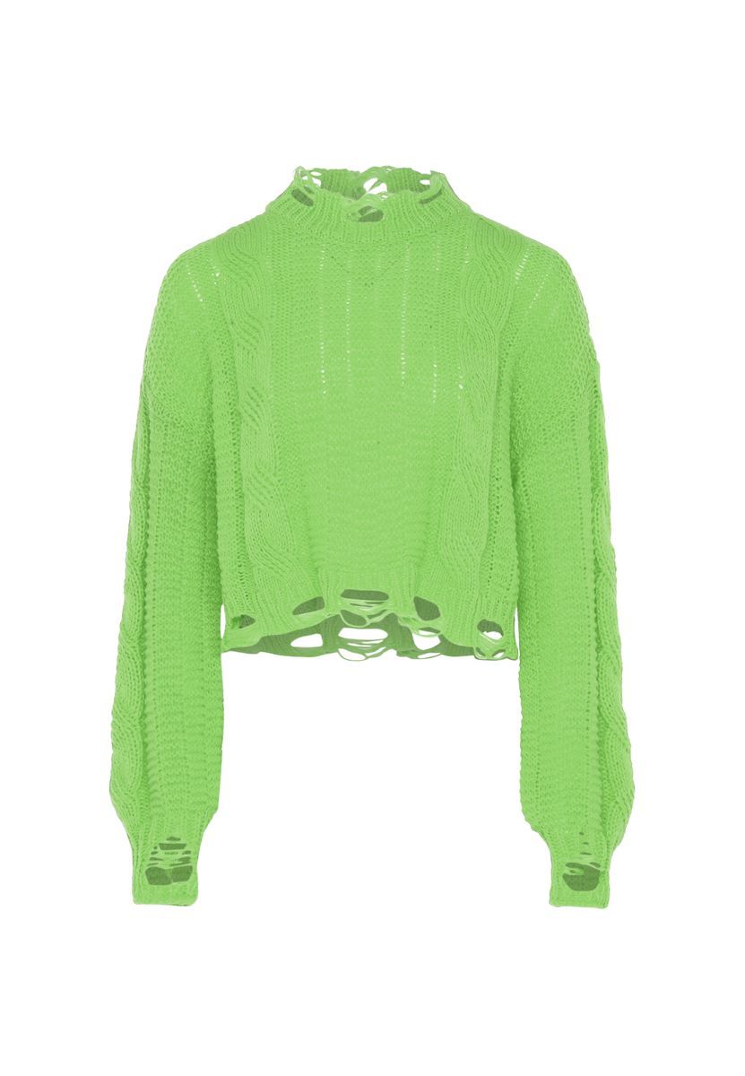Distressed Zopfstrickpullover mit Stehkragen