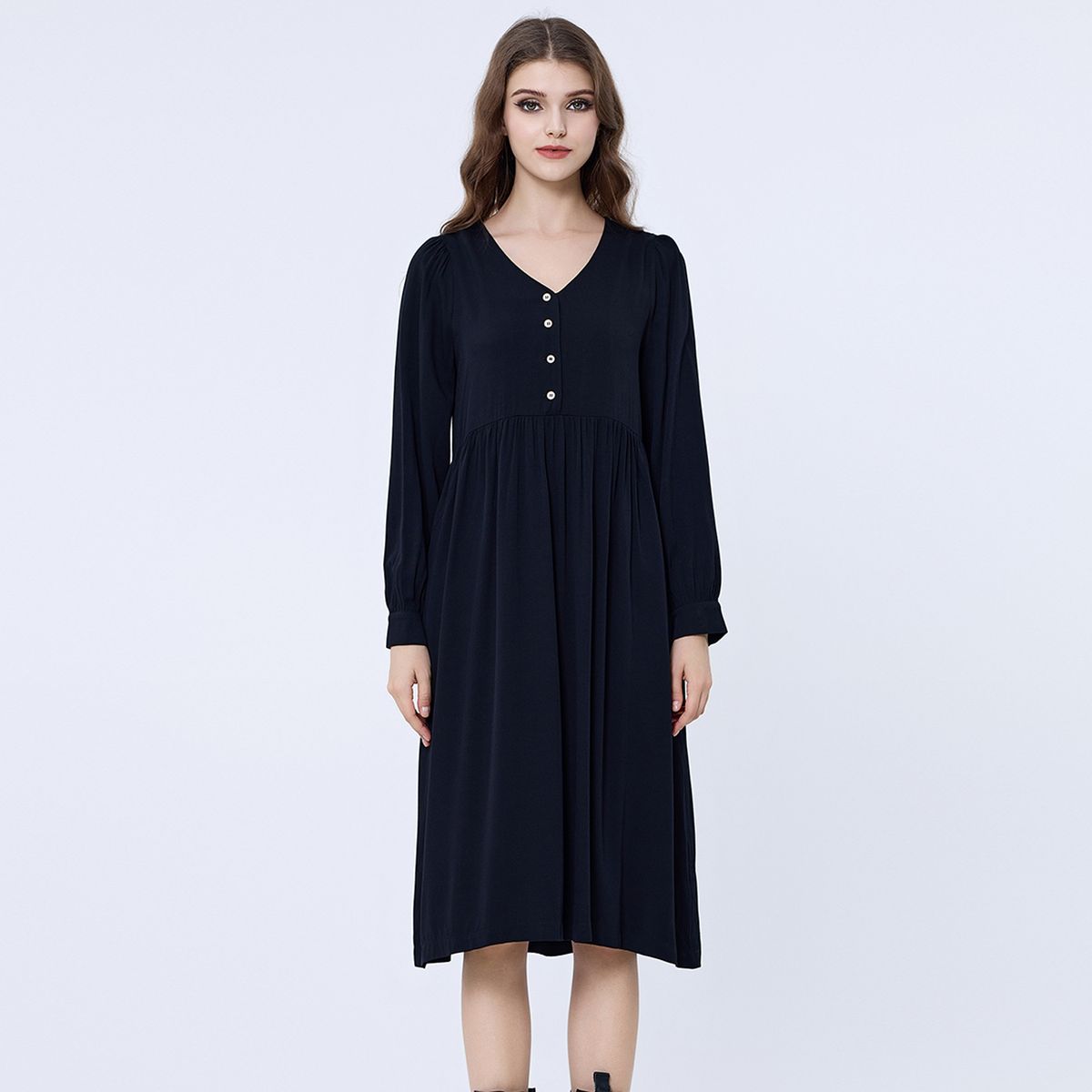 Retro-Flanell-Midikleid mit Knopfleiste
