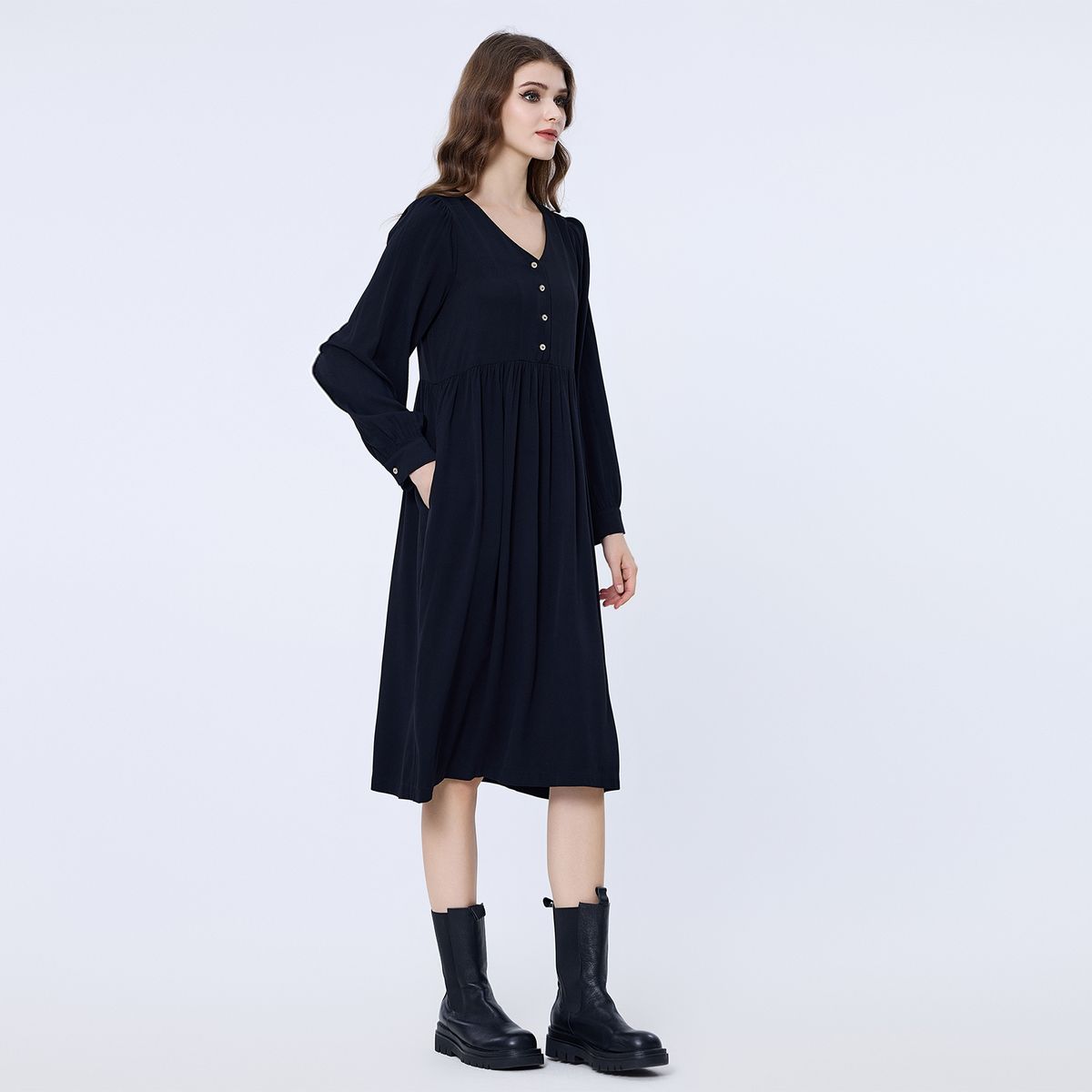 Retro-Flanell-Midikleid mit Knopfleiste