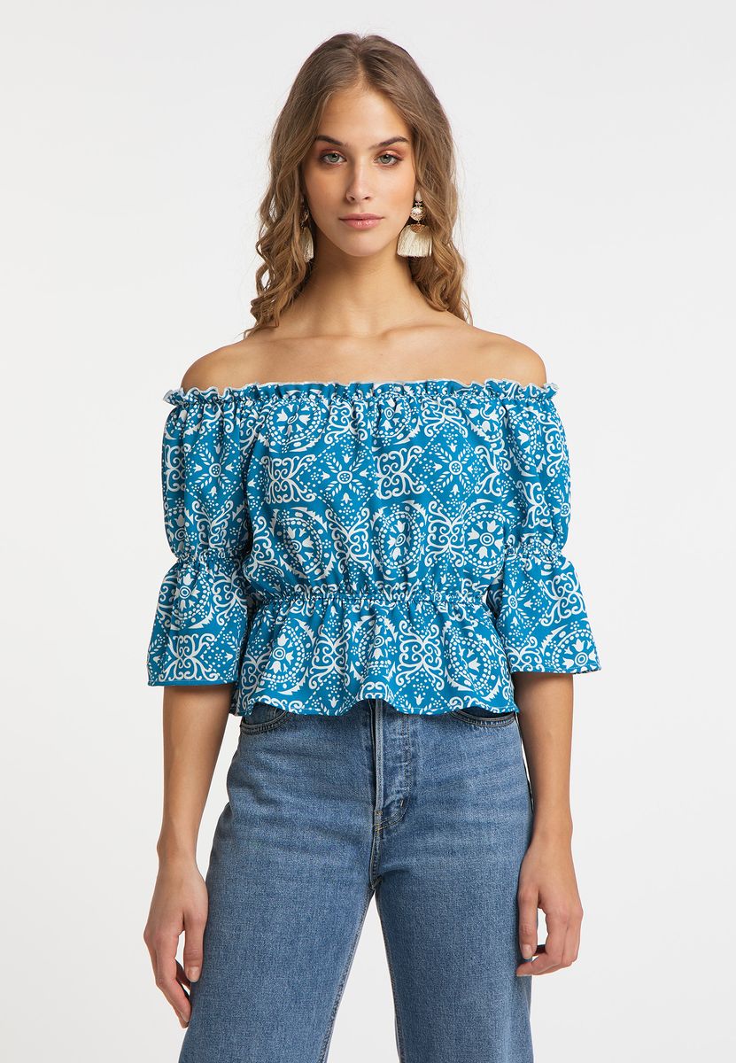 Schulterfreie Bluse mit Paisley-Muster
