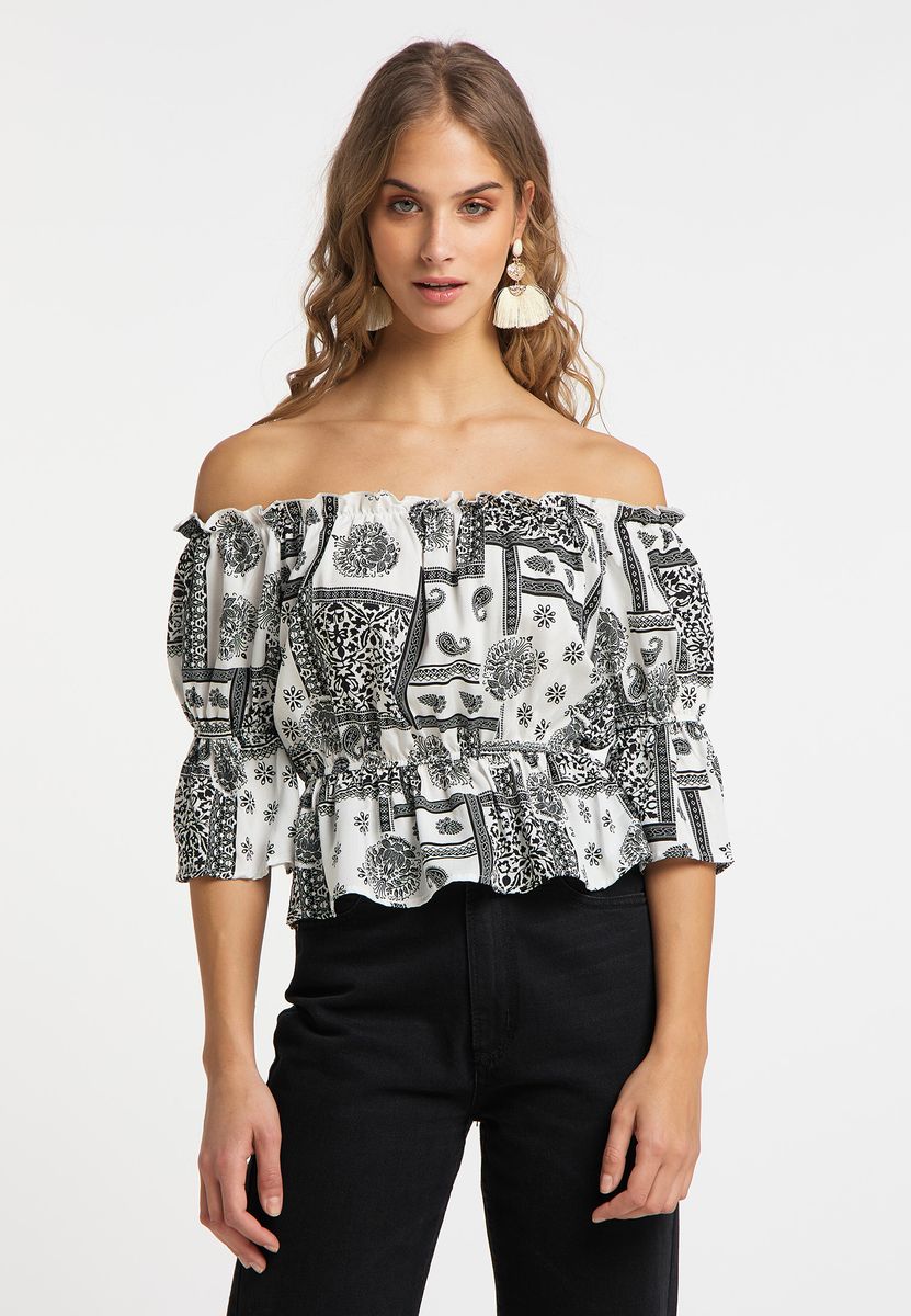 Schulterfreie Bluse mit Paisley-Muster