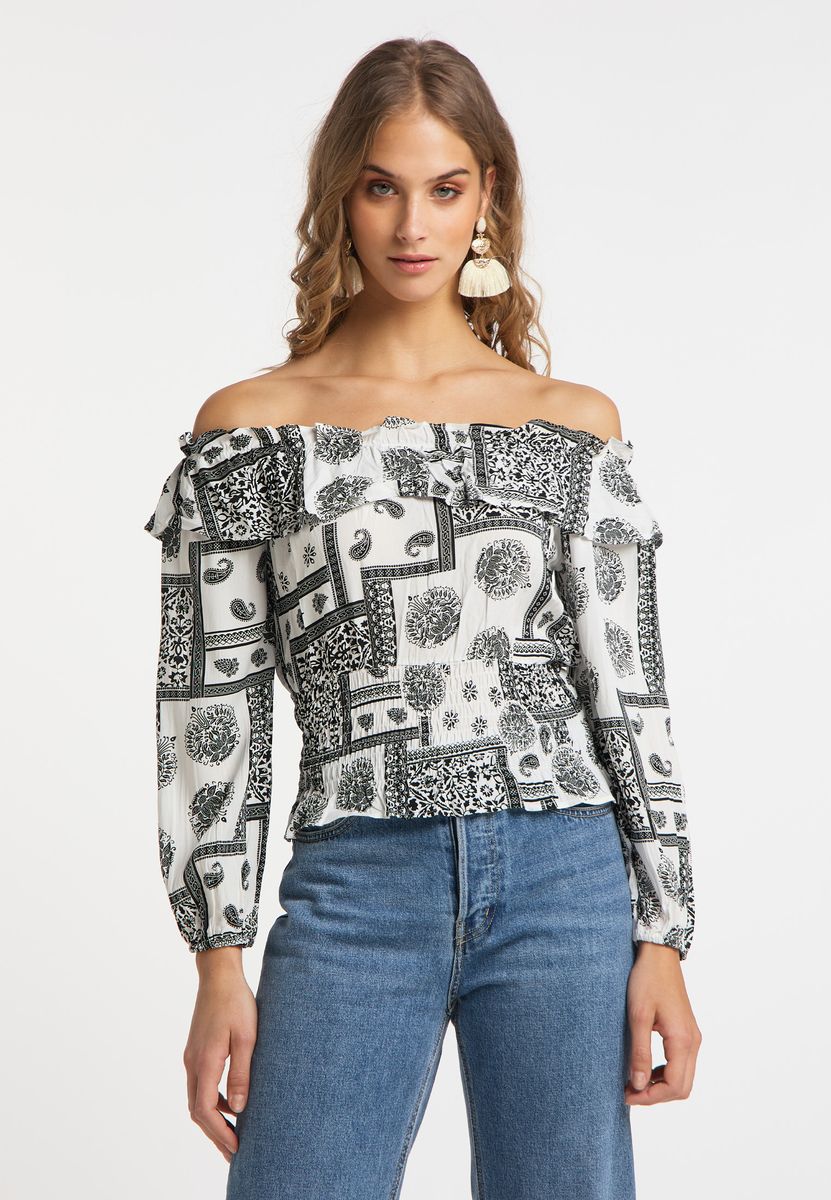 Schulterfreie Bluse mit Paisley-Muster