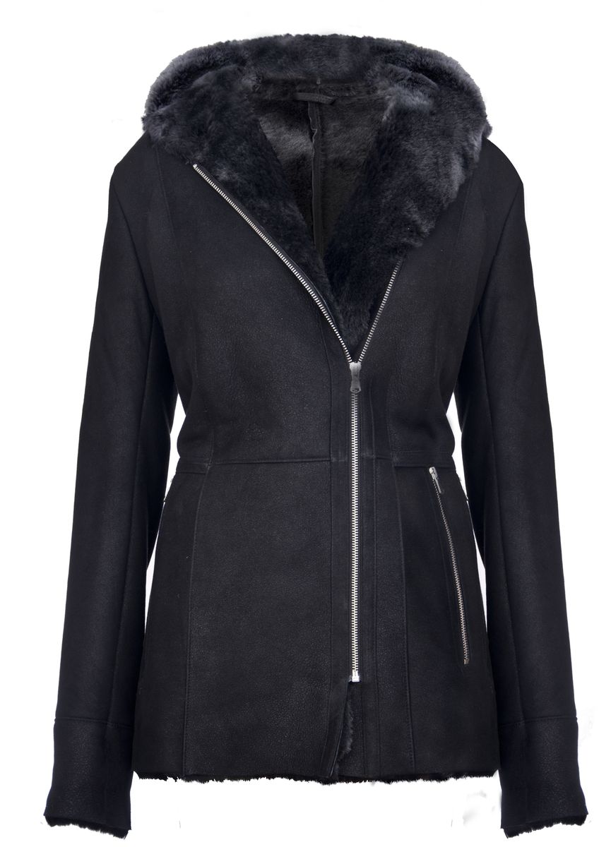Merino-Lammfelljacke mit Kapuze
