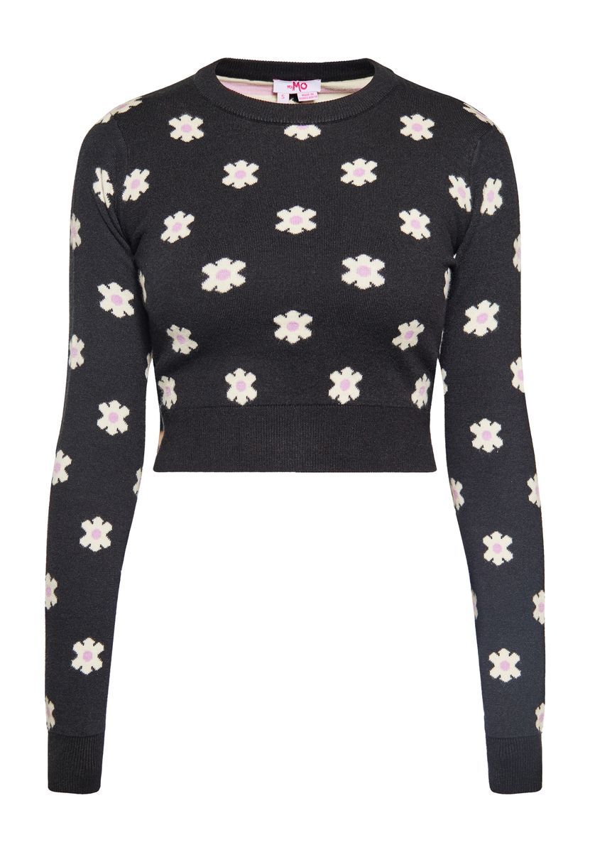 Kurzer Jacquard-Strickpullover mit Blumenmuster