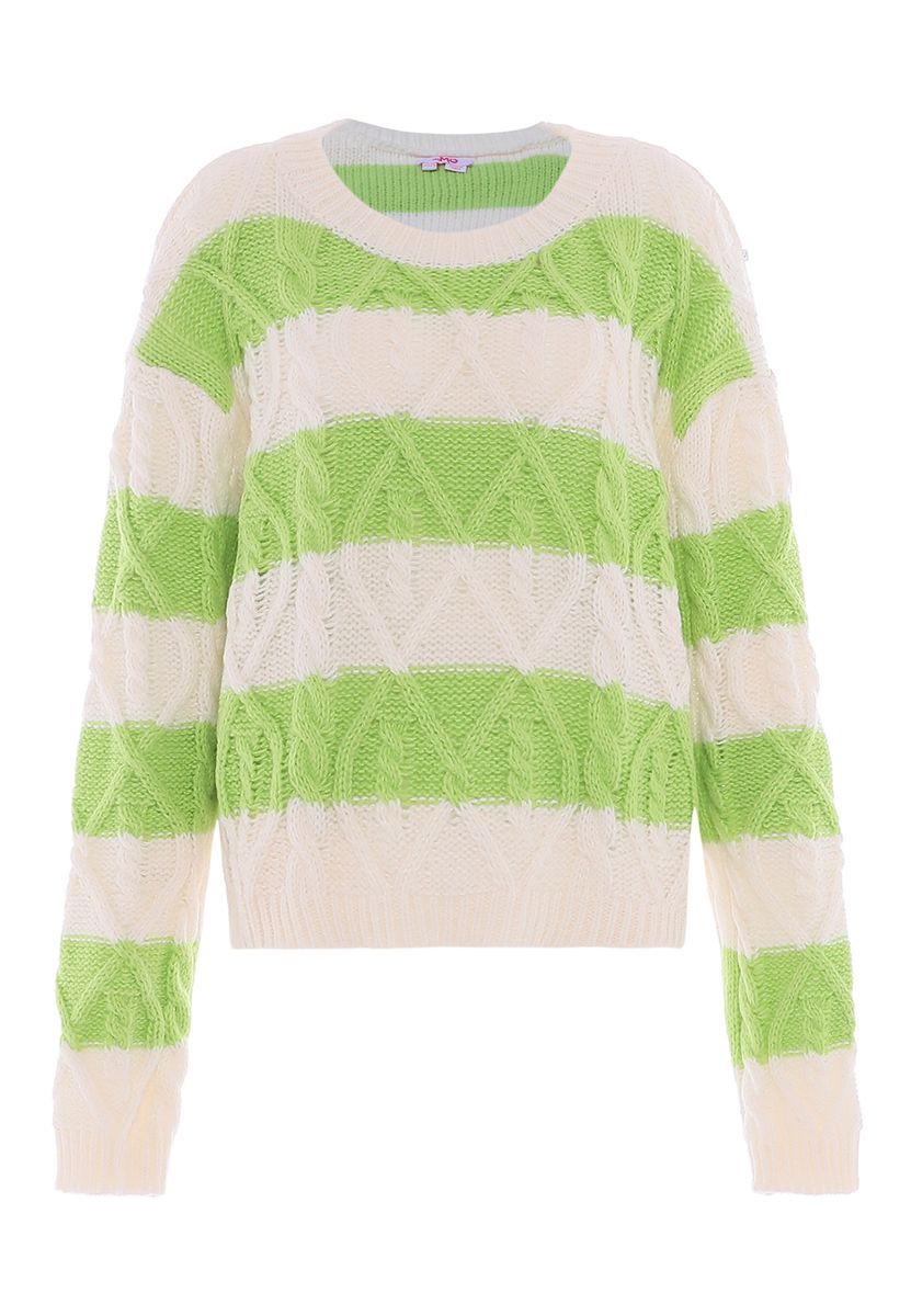 Gestreifter Zopfstrick-Pullover mit Rundhals