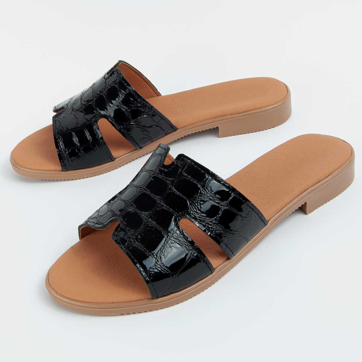 Leder-Pantoletten mit Kroko-Prägung