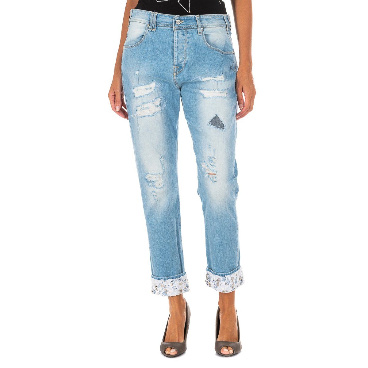 Gerade Distressed-Jeans mit Aufschlag