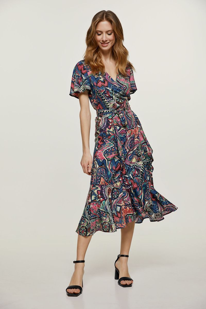 Gemustertes Wickel-Midikleid mit Volants
