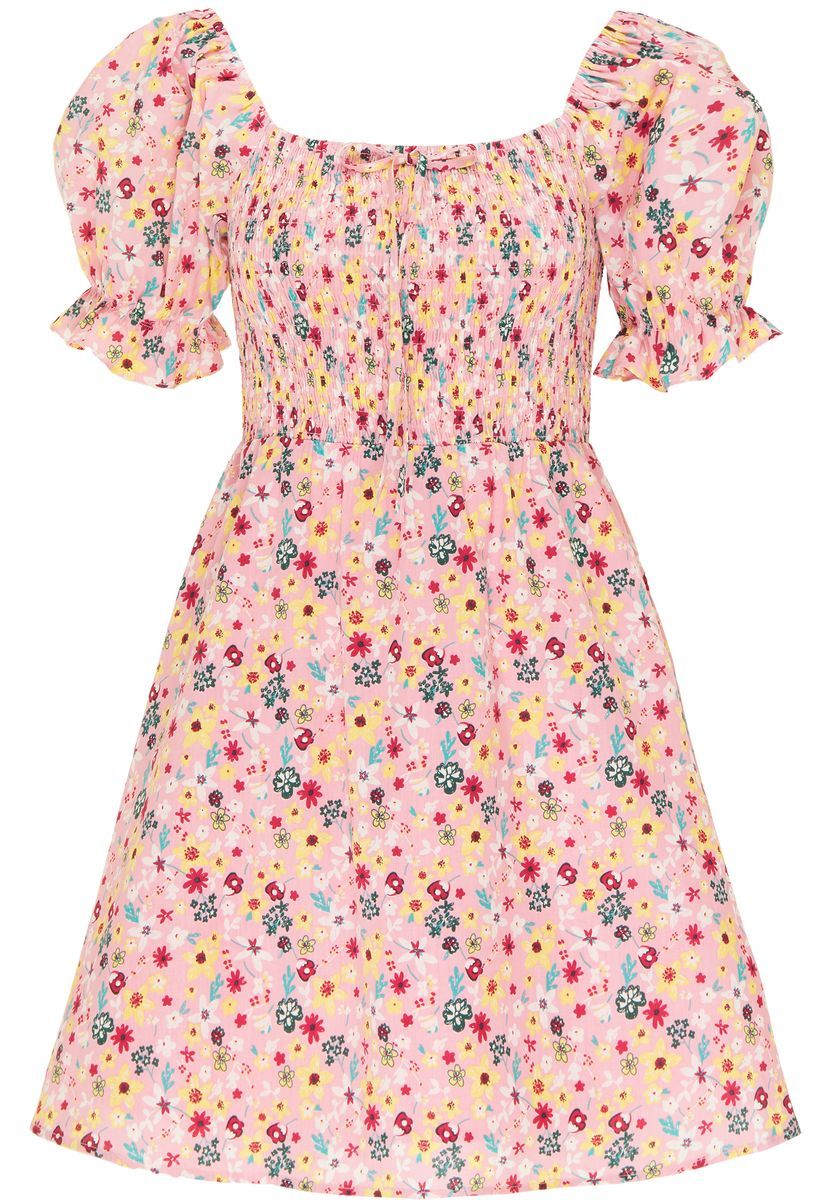 Gesmoktes Blumen-Minikleid mit Puffärmeln