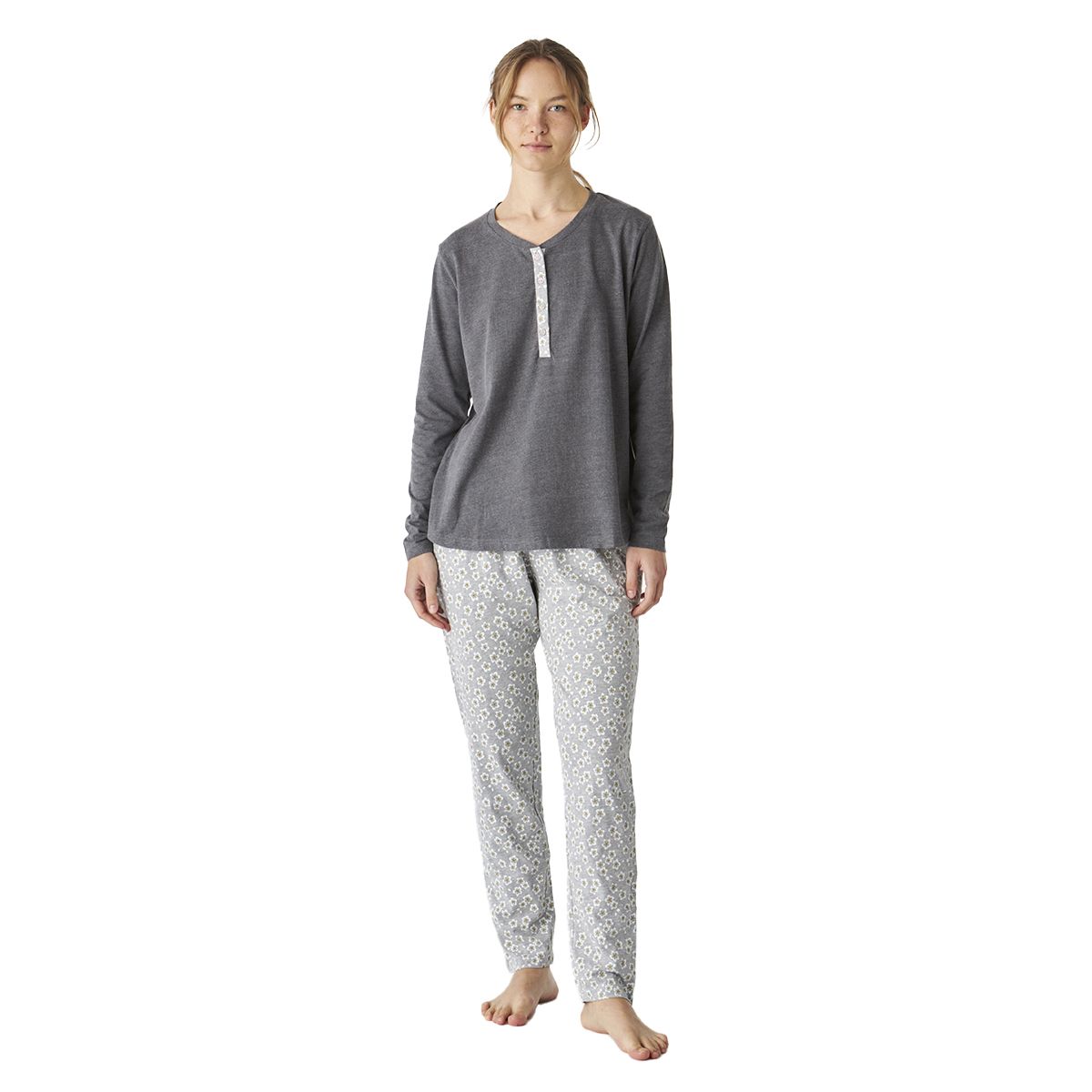 Langarm-Baumwollpyjama mit Henley-Ausschnitt