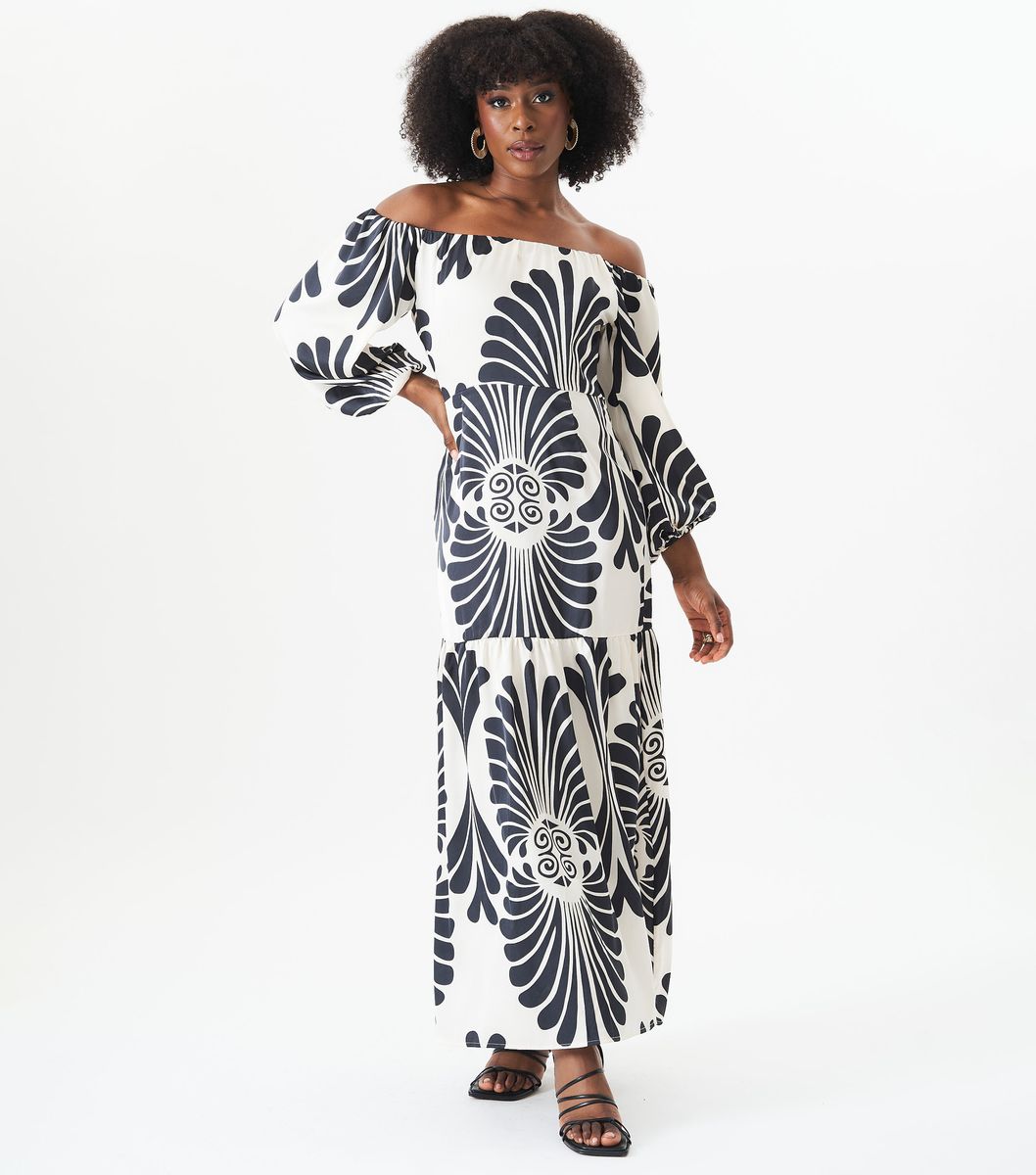 Bardot-Maxikleid mit Print und Ballonärmeln