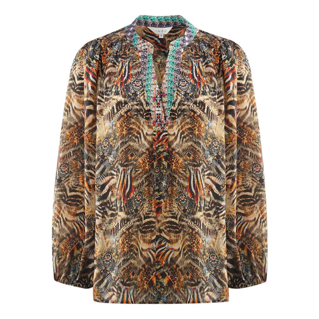 Verzierte Seidenbluse mit Tierprint