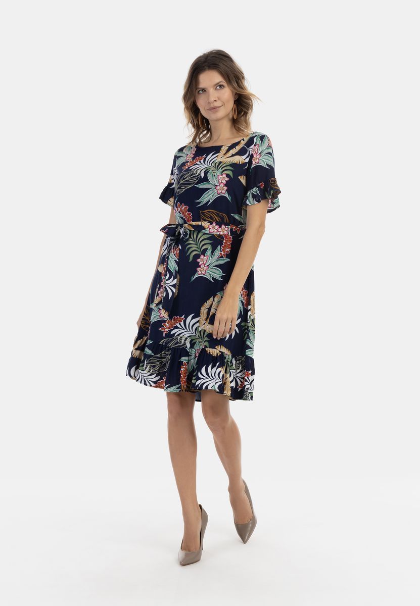Tropisches Blumen-Midikleid mit Volants