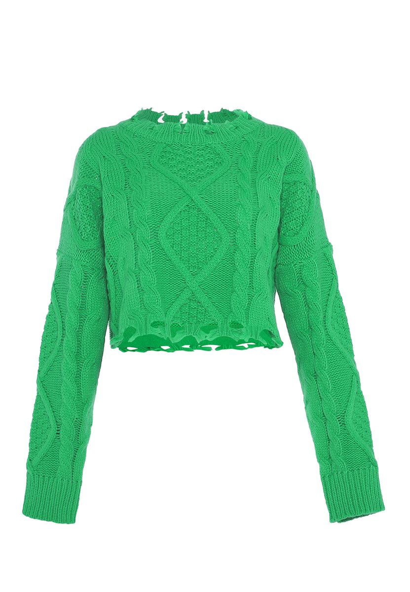 Zopfstrick-Kurzpullover im Destroyed-Look