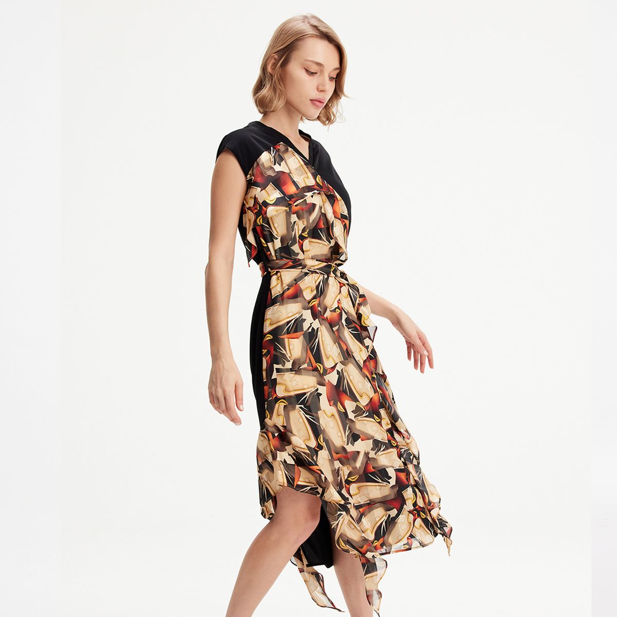Asymmetrisches Midikleid mit Grafikdruck