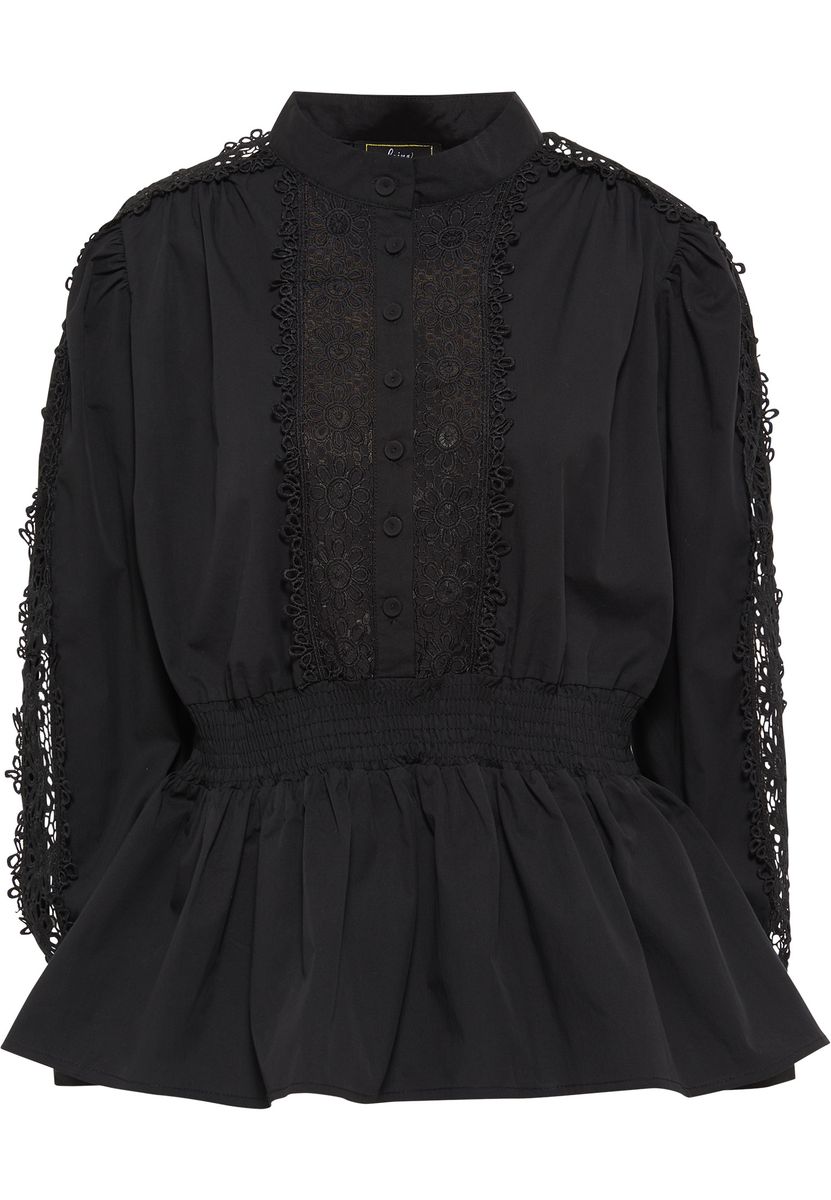 Schößchenbluse mit Spitzenbesatz und Smok-Detail