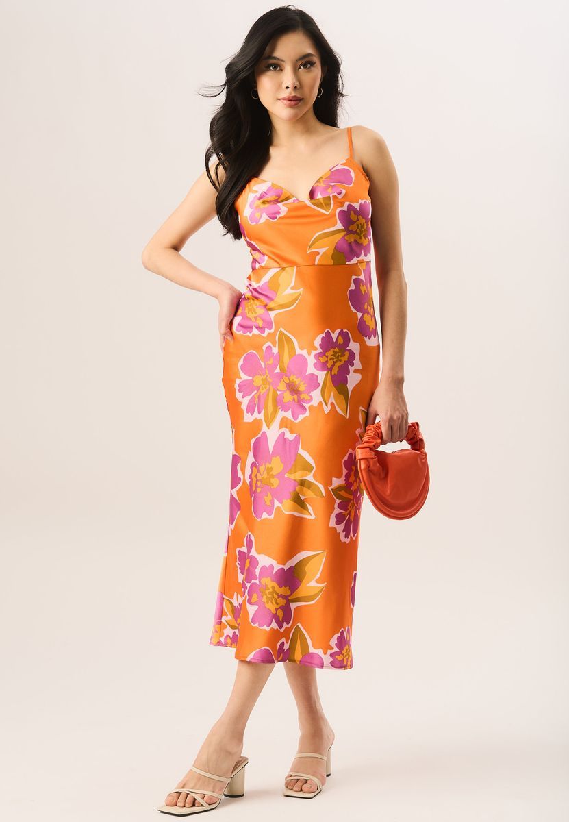 Midi-Kleid mit Wasserfallausschnitt und Blumenprint