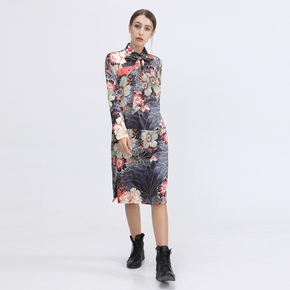 Hemdblusenkleid mit floralem Makrodruck