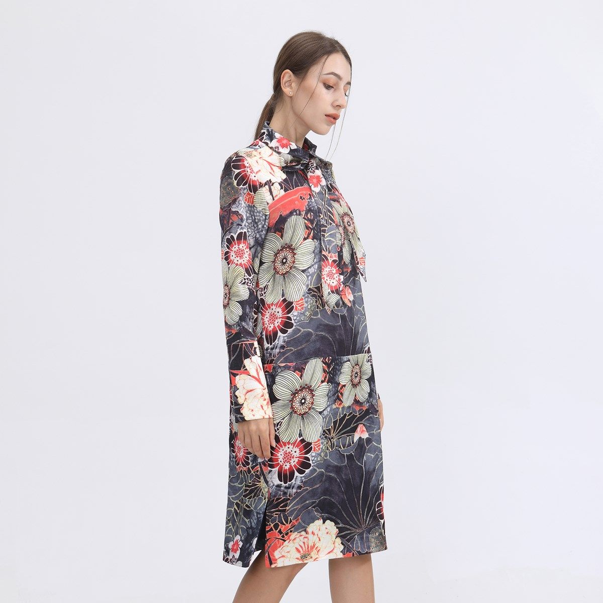 Hemdblusenkleid mit floralem Makrodruck